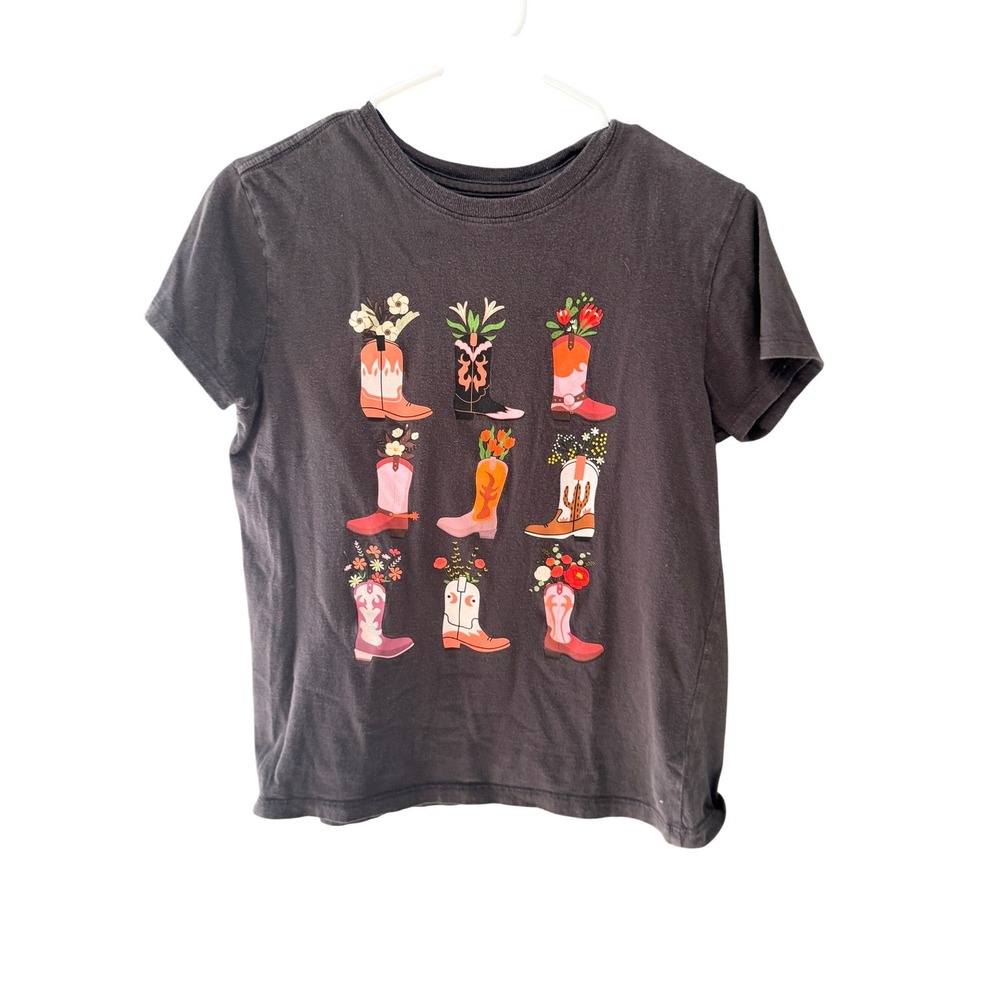 Doe.‎ Womens XS Charcoal Grey Cowboy Boot Floral Graphic T-Shirt Western